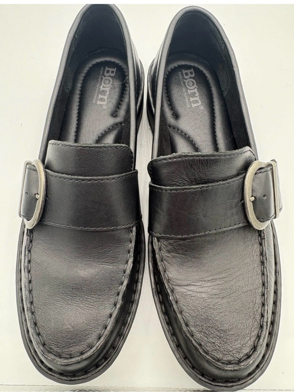 Born Contessa Women's Loafer Leather Silver Buckle Black Sz 6
